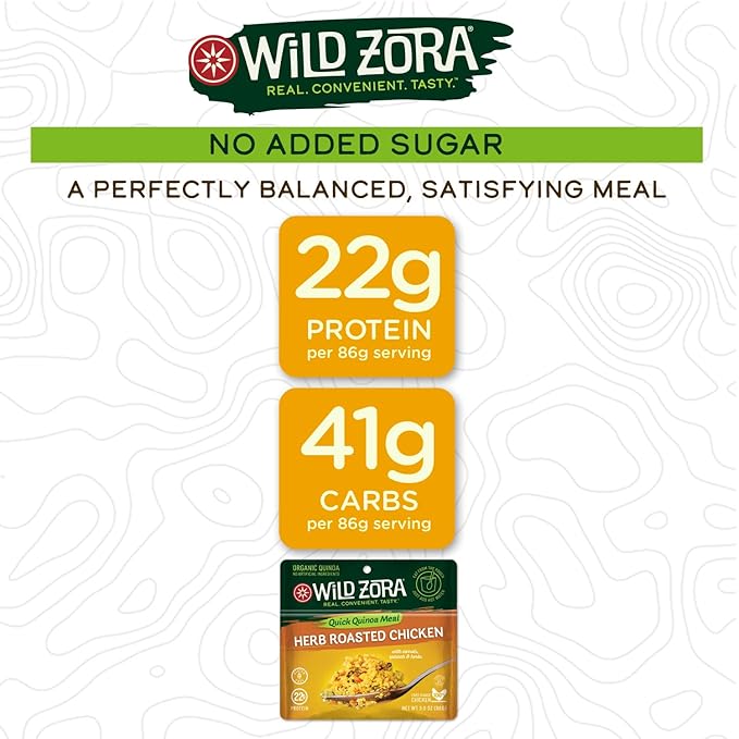 Wild Zora Instant Organic Quinoa Meals - Quick & Tasty Prepared Quinoa Bowls, Pantry Staples Gluten-Free Meal with Lentils Plus 10g Olive Oil Packet - Herb Roasted Chicken (3-Pack)