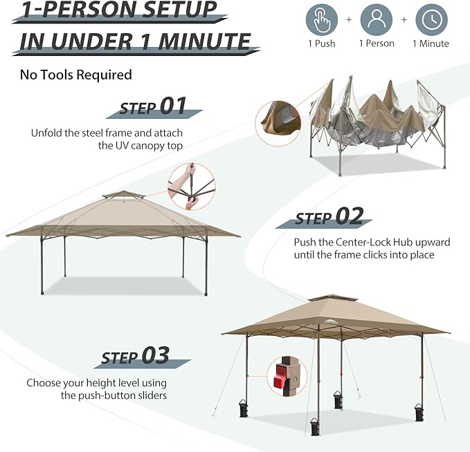 EAGLE PEAK 13x13 Straight Leg Pop Up Canopy Tent Instant Outdoor Canopy Easy Single Person Set up Folding Shelter w/Auto Extending Eaves 169 Square Feet of Shade (Beige)
