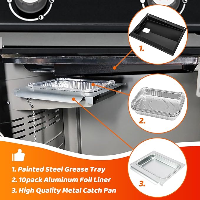 for Weber Grease Tray 69803 for Weber Spirit 2 Burner 210 and 220 Grills Made in 2013 and 2014, Grease Tray for Weber Spirit E-210 220 E-215 S-210 S-220 with 67047 Catch Pan 10PCS Aluminum Foil Liner