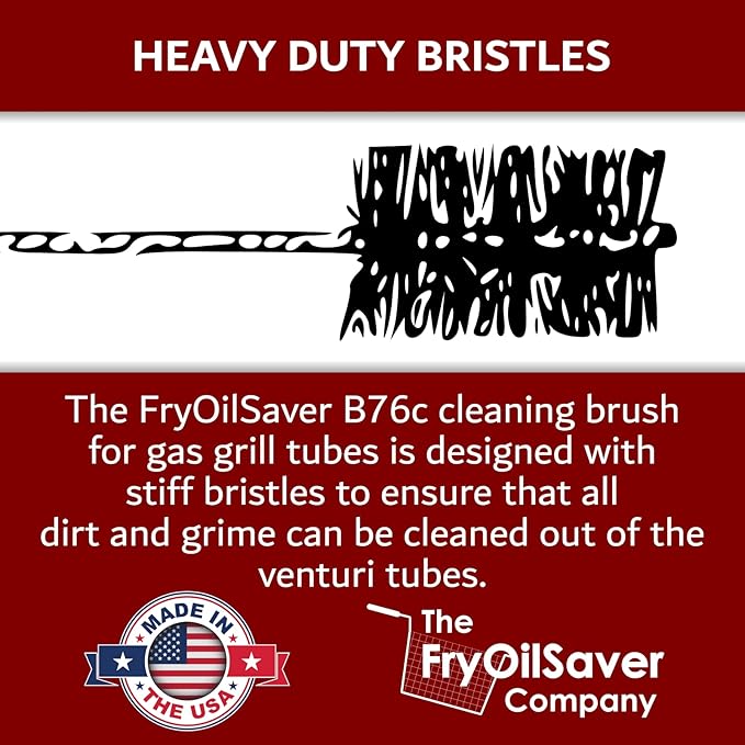 Gas Grill Venturi Tube Brush, Cleans Spider Webs, Grease, Debris, Food Build Up, Prevents Flare Ups, Long & Flexible Blockage Unclogger Cleaning Brush for Gas Grill Burner Pipe by FryOilSaver Co. B76C