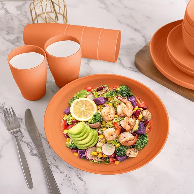 Orange Plastic Dishes Set for 8 includes Dinner Plates,Pasta Bowls,Soup Bowls and Drinking Cups,Unbreakable Orange Plastic Plates Set Microwave Dishwasher Safe For Thanksgiving Dinnerware Sets,32PCS