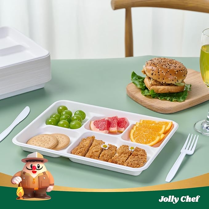 JOLLY CHEF Compostable 𝟱 Compartment Paper Plates 𝟭𝟭 * 𝟴 𝗶𝗻𝗰𝗵 [𝟱𝟬𝟬 𝗣𝗮𝗰𝗸] Heavy Duty White Divided Disposable Plate Eco-Friendly Biodegradable Container Food Trays for Party Lunch Buffet