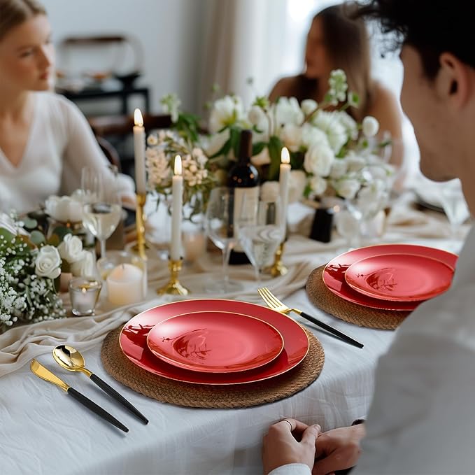100PCS Red Plastic Plates, Red Disposable Plates for Party, Graduation, Include 50 Dinner Plates, 50 Dessert Plates for 50 Guests