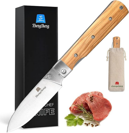 4.5-Inch Folding Kitchen Knife with Ultra Sharp 440A Stainless Steel Blade and Natural Olive Handle for BBQ, Peeling, Outdoor Camping