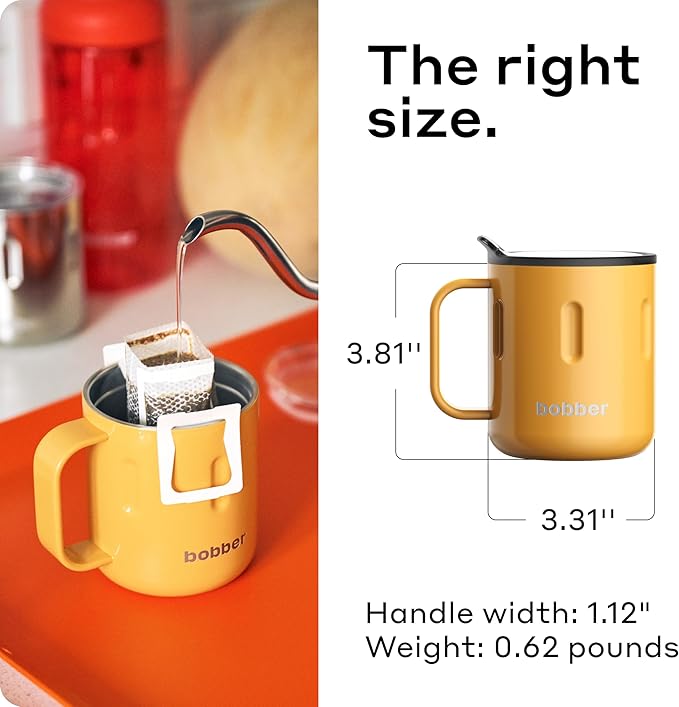 BOBBER 10 oz Insulated Coffee Mug with Wide Handle & Lid – Double Walled Stainless Steel Travel Tumbler for Women, Wife – Triple Walled Coffee Cup for Hot & Cold Drinks (Orange)