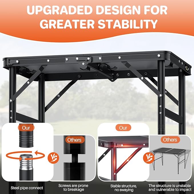 FUNYKICH Max 29.4'' Tall Camping Tables(23.6''Lx15.7''W), 3 Adjustable Height Small Folding Table, Ultra-Light Aluminum Portable Table with Carry Handle for Car Camping, Backyard Party, Beach, Picnic