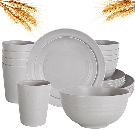 Supernal 16pcs Light Grey Plates and Bowls Dinnerware Set, Unbreakable Reusable Plate,Reusable Plastic Plate Set for 4, Include Dinner Platos, Dessert Platos, Cereal Bowls, Cups for Kitchen & Camping