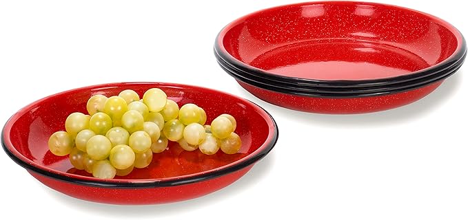 Red Co. Set of 4 Enamelware Metal 10” Round Camping Plates, White-Speckled Red/Black Rim