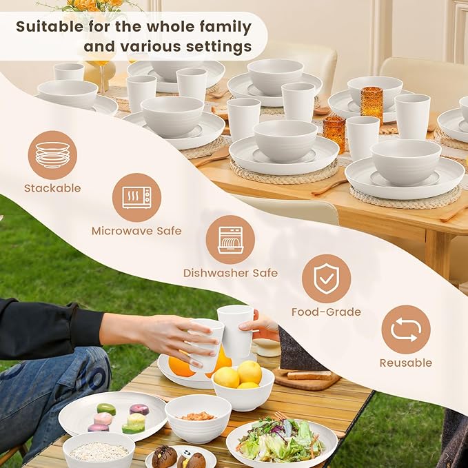 Homienly KItchen Wheat Straw Dinnerware Set, Alternative to Plastic Plates and Bowls Sets, Unbreakable Lightweight Dishes Set for 8 - Plate Set, Soup Bowls, Drinking Glasses for KItchen, Party - White