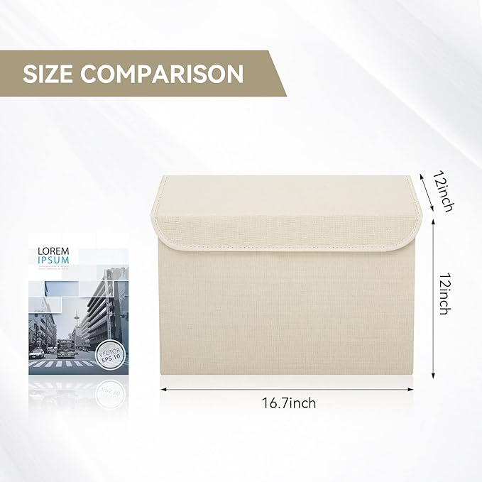 Large 42 Quarts Collapsible Stackable Storage Bins Cube with Lids [3-Pack] Foldable Fabric Linen Storage Boxes, Closet Organizer Baskets with Label for Home (16.7 x 12 x 12", Beige)