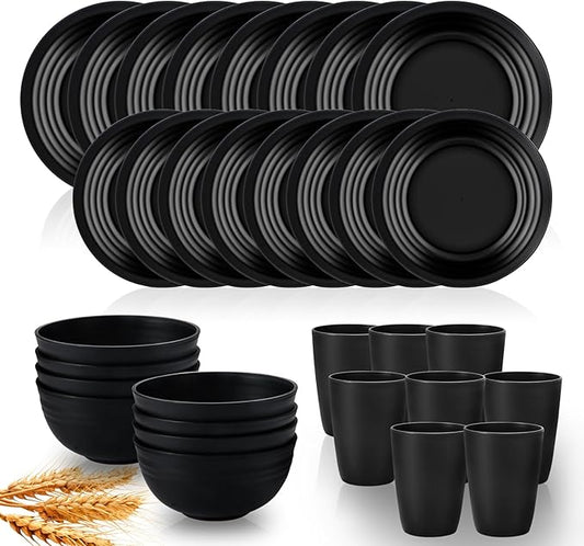 32 pcs Wheat Straw Dinnerware Sets Kitchen Plates and Bowls Sets for 8 Plastic Plates Reusable Dishes Set Outdoor Camping and Dinning Essentials Dishwasher Safe, Black
