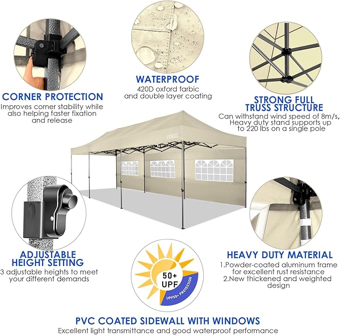 COBIZI 10x30 Heavy Duty Pop up Canopy with 8 sidewalls Stable Wedding Outdoor Tents for Parties Canopy Pop Up Party Tent UPF 50+ Waterproof Commercial Gazebo with Roller Bag, Khaki(Windproof Upgraded)