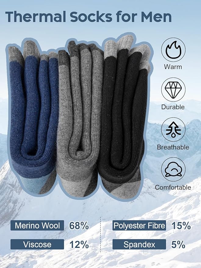 Senker Fashion Merino Wool Hiking Socks for Men, Warm Crew Socks W/Cushion Moisture Wicking for Trekking Work Outdoor
