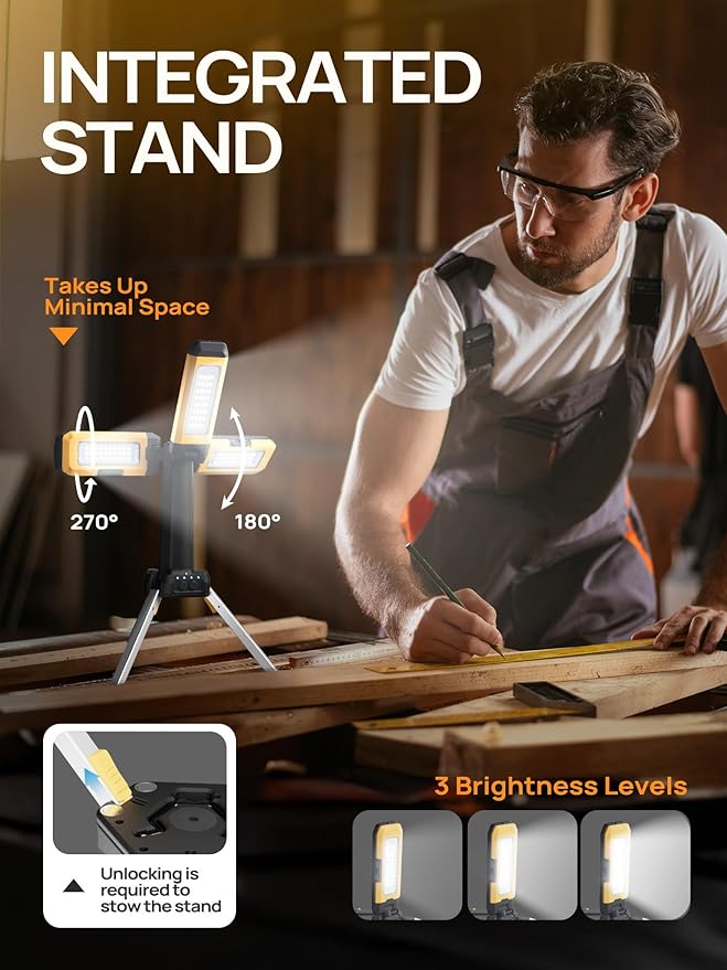 10000mAh Rechargeable Camping Light with Stand 5.6 ft Max Height, with 2 Detachable Lamp Panels, Cordless Led Work Light, Camping Garage Workshop Car Repair