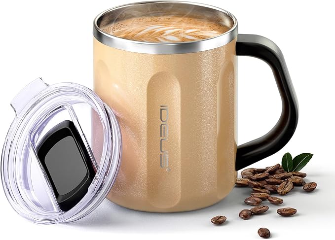 Ideus 16 oz Coffee Cup, Stainless Steel Coffee Travel Mug, Spill Proof Tea Mug with Handle and Lid, Lightweight and Durable, Great for Office Home and Outdoor Use, Peach