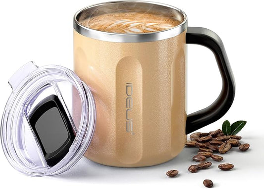 Ideus 16 oz Coffee Cup, Stainless Steel Coffee Travel Mug, Spill Proof Tea Mug with Handle and Lid, Lightweight and Durable, Great for Office Home and Outdoor Use, Peach