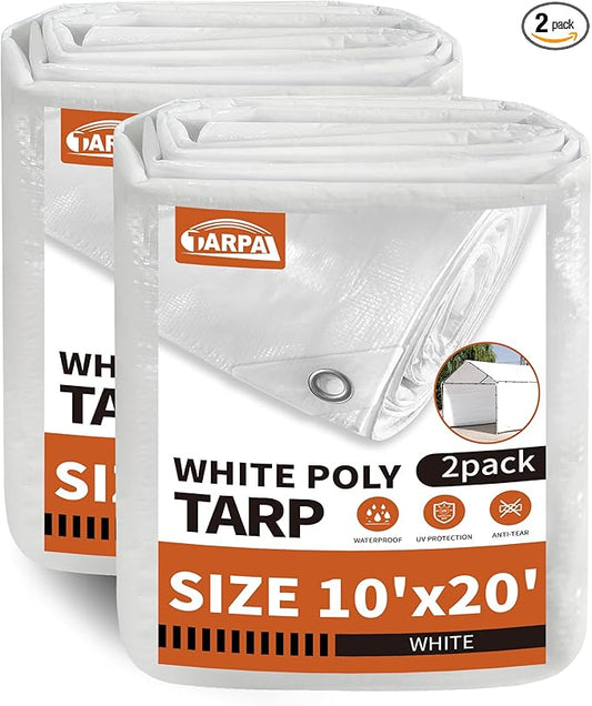TARPAL 10'x20' (2-Pack) White Tarp Waterproof 7.5 mil Medium Duty All Purpose Poly Tarps Cover Waterproof,Snow Proof UV Protection,Rip and Tear Proof,Poly Tarpaulin
