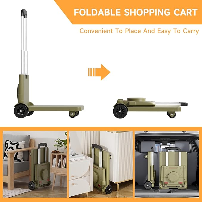 [220LBS Capacity] 4-Wheel Folding Hand Truck with Strong Base & Ropes - Heavy Duty Platform Cart for Moving/Shopping | Space-Saving Foldable Design Black Utility Carts Trolley Cart, (Green, M)
