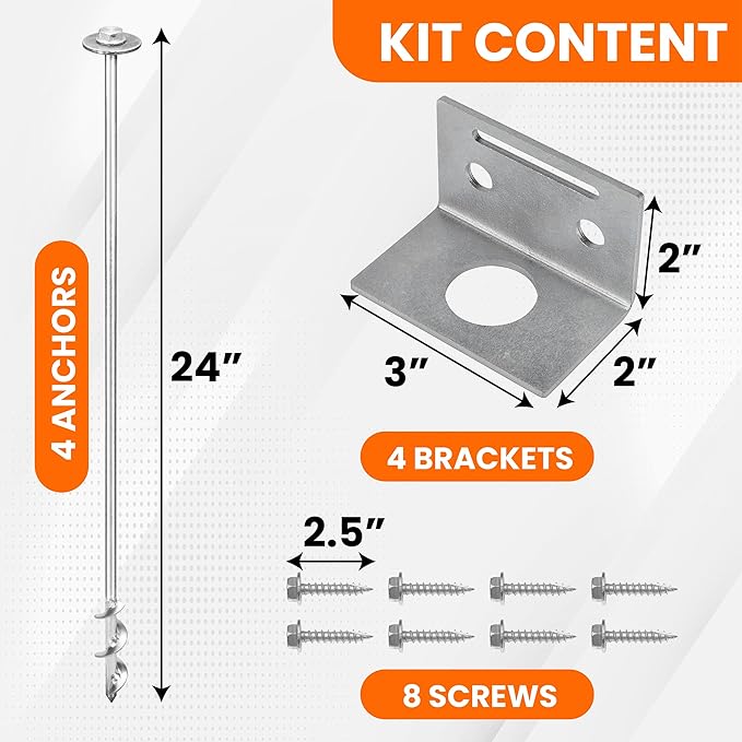 Ground Anchors Screw In - 24" Set of 4,6,8 with Brackets and Drill Bit - Earth Anchors - Mobile Home Anchors - Storage Shed Anchor Kit - Swing Set Anchors for Metal Swing Set - Playset Anchors - Ties