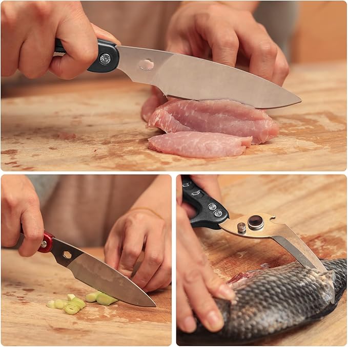 Heavy Duty Kitchen Shears, Detachable Poultry Shears with Serrated Edge, Spring-Loaded Stainless Steel Chef Scissors Cutting Bone, Chicken, Fish, Food, Meat, Black Full Steel Handle