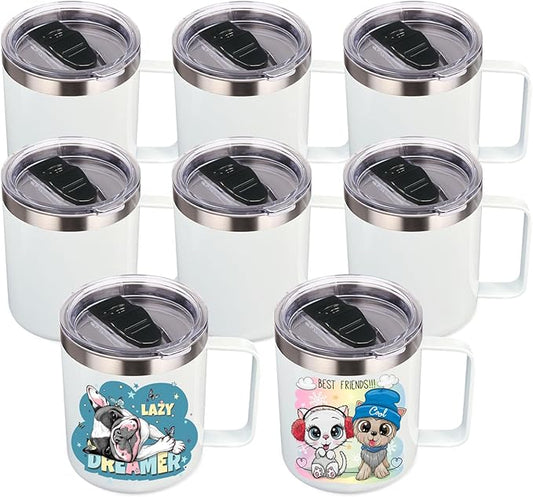 Volhoply 14oz sublimation Insulated Stainless Steel Coffee Mug with Lid Bulk 8 Pack,Double Wall Vacuum Travel Coffee Cup with Handle,Reusable Metal Cups Tumbler,Camping Mugs(Sublimation,8)