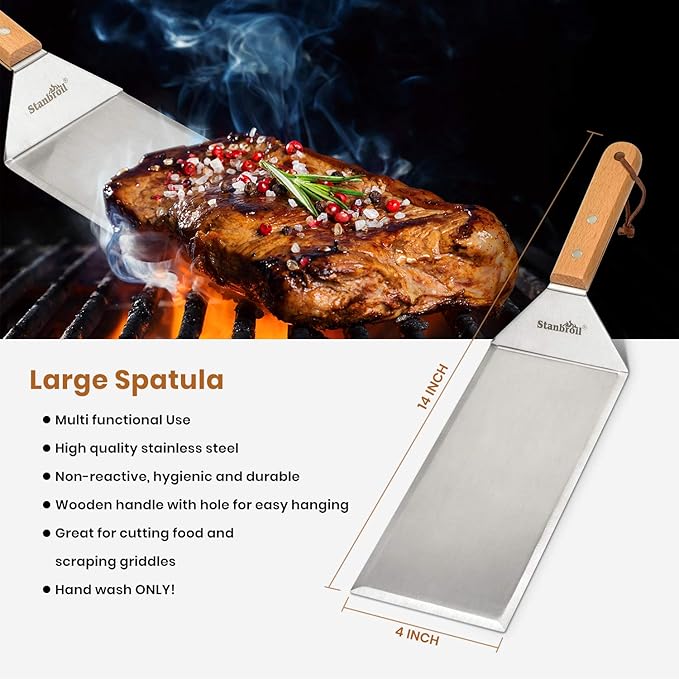 Stanbroil Large Metal Griddle Spatula Set with Long Flat Spatulas and Cast Iron Grill Press for Flat Tops, Griddles, Grills, Ovens and Stoves,Set of 4