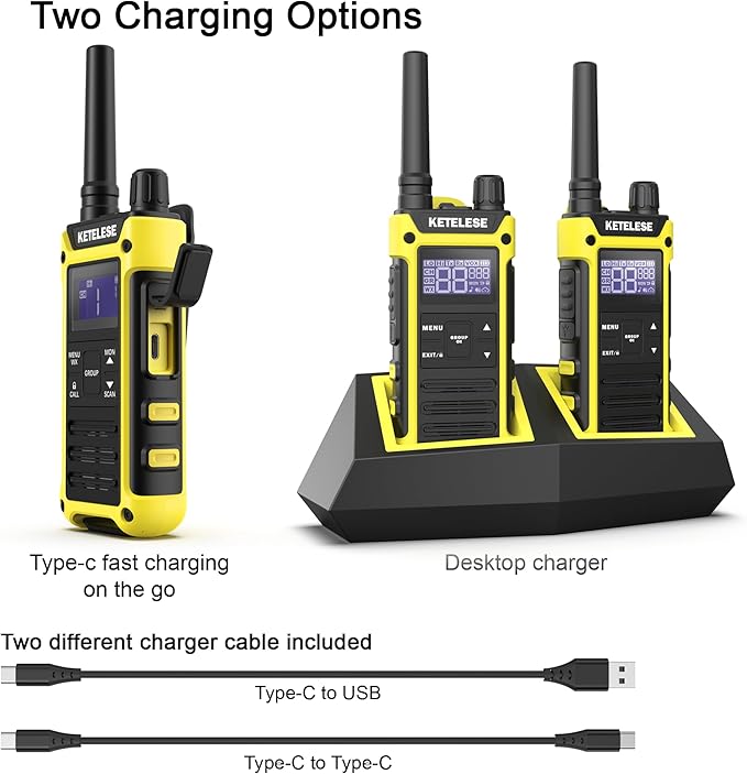 T3F IP67 Waterproof Walkie Talkies, FRS Two Way Radio with Earpiece, Triple Proof, Three Charging Options, USB/Type C Radio, NOAA, VOX (2 Pack), Black/Yellow