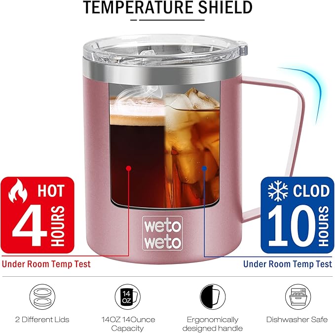 WETOWETO Coffee Mug with Handle, 14oz Insulated Stainless Steel Coffee Travel Mug, Double Wall Vacuum Reusable Coffee Cup with Lid, Powder Coated Rose Gold