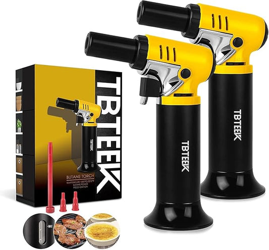 TBTeek Butane Torch with Fuel Gauge T907, One-hand Operation Kitchen Torch Lighter with Adjustable Flame for BBQ, Baking, Brulee Creme, Crafts and Soldering, 2 Pack(Butane Not Included)