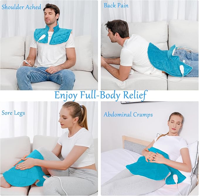 Electric Heating Pad for Neck and Shoulders, Weighted Neck Heating Pad for Pain Relief, 6 Heat Settings Far Infrared Heated Pad with Auto Off(Blue XL)