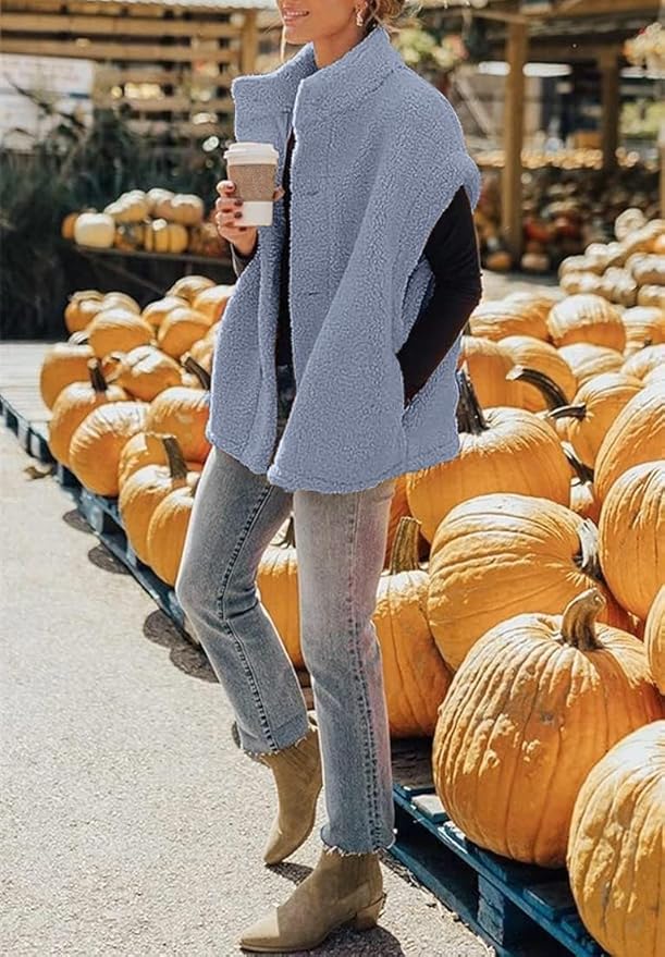 Hongqizo Womens Fuzzy Fleece Vest Casual Oversized Warm Button Down Sherpa Vest Jacket with Pockets