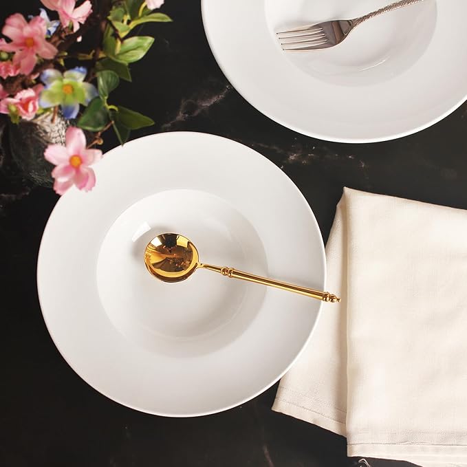 Porcelain Soup Bowls soup Plate Pasta Bowl Set of 4 Shallow Bowl Plates, 14 oz Rimmed Bowls with Rim, Microwave ovens and refrigerators safe, Line texture 11.9 Inch