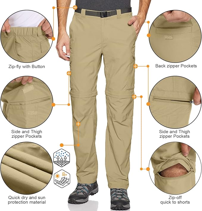 Mens Hiking Pants Convertible Lightweight Quick Dry Zip Off Fishing Safari Camping Travel boy Scout Pants