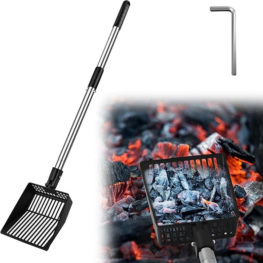 Long Handle Fireplace Ash Sifter, Hollow Out Metal Coal Shovel Adjustable Charcoal Shovel Scoop Heat Resistant Fireplace Tools for Wood Stove Fire Pit Grill (26inch/36inch)