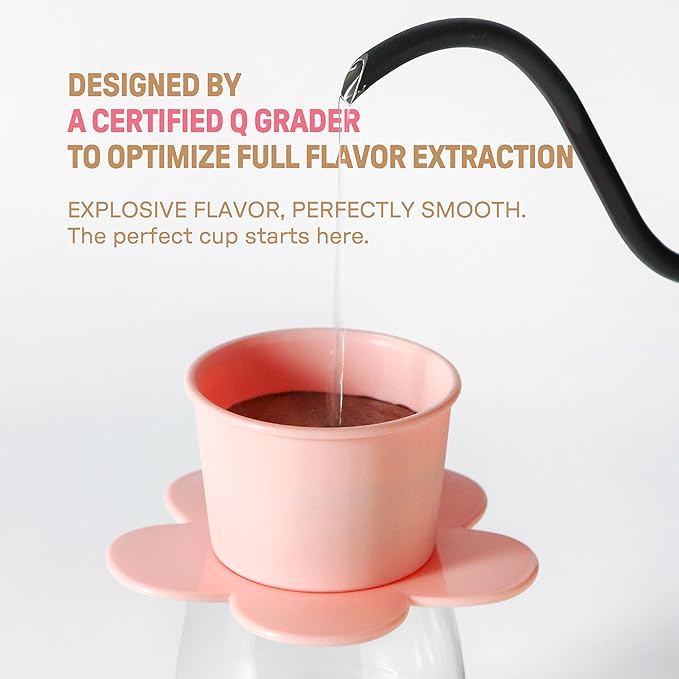 – Vietnamese Coffee Dripper – MIX COLORS – Pour Over Coffee Maker with Flower Design – Reusable Coffee Filter for Sustainable Brewing (Pink + Ivory)