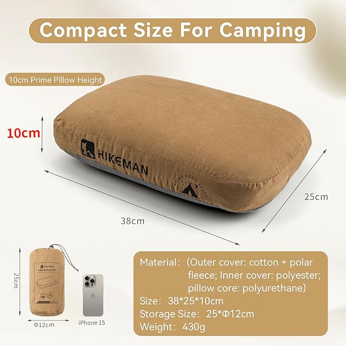 HIKEMAN Camping Memory Foam Pillow - Ultralight Travel Backpacking Ergonomic Pillow with Removable Cover,Neck Lumbar Support for Outdoor Camp,Sport,Hiking,Backpacking Sleep (Grey)