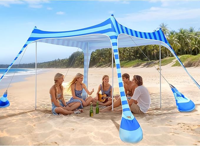2PM SPORTS Beach Tent Canopy with UPF50+ UV Protection, Outdoor Large Beach Sun Shade Shelter for Family Picnic Camping Travel Shore Fishing, 8 Sandbags, Sand Shovel (Striped Blue, 10x10 FT)