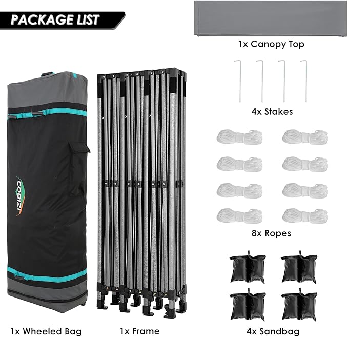 COBIZI 10x30 Pop up Canopy, Heavy Duty Outdoor Party Tents for Parties, Ez up UPF 50+ Waterproof Commercial Canopy with Wheeled Bag can fold, Gray(Windproof Upgraded)