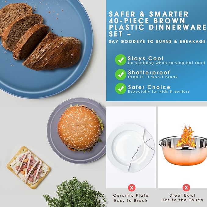 Modern Dinnerware Set – 40-Piece Plastic Plates and Bowls Set for 8, Reusable Unbreakable Dishes with Cups, Forks, Knives and Spoons, for Camping, Picnic or Daily Use