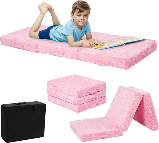 MeMoreCool Glow Unicorn Foldable Floor Mattress for Kids, Trifold Nap Mat for Toddlers, Portable Daycare Sleeping Futon or Floor Bed, 75x25 Inch Pink