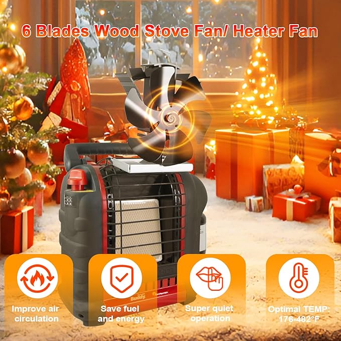 Wood stove fan for Little/Big Buddy Propane Heater, Heat Powered Fireplace Fans 6 Blades for Heaters Thermoelectric Thermal Fan with Bracket Camping/Picnic Indoor Use w/Stove Thermometer Accessories