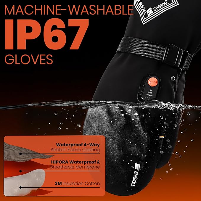 Heated Gloves for Men, 7.4V Heated Mittens for Women Rechargeable, PU Waterproof & Touchscreen Ideal for Winter, Hunting, Motorcycle, Skiing, Snowboarding, Fishing, Camping, Work