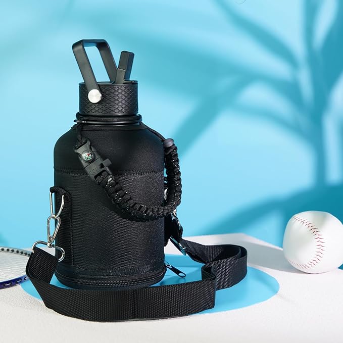 Insulated Water Bottle with Straw,50 oz 3 Lids Water Jug with Carrying Bag,Paracord Handle,Double Wall Vacuum Stainless Steel Metal Flask,Indigo Black