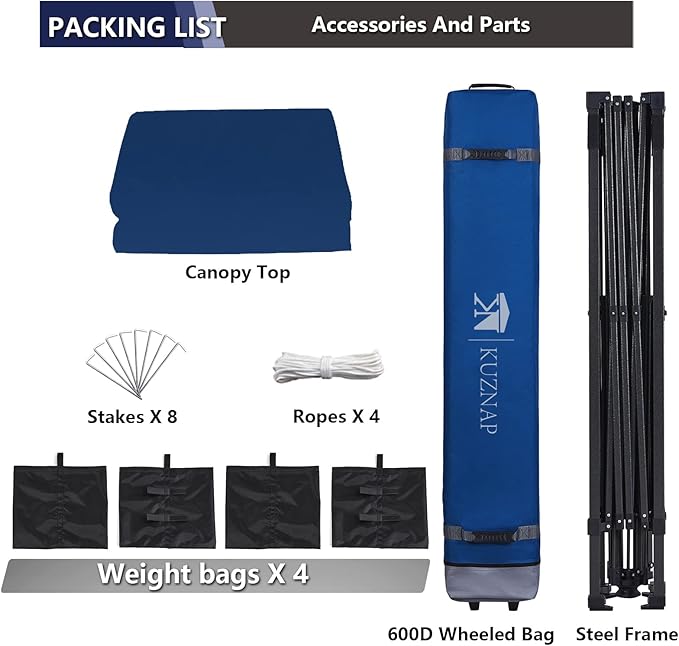 12’x12’ Pop up Canopy Tent Patented EZ Set up Instant Outdoor Canopy with Sidewall Bonus 4 Weight Sandbags, 8 Stakes and 4 Ropes, Blue
