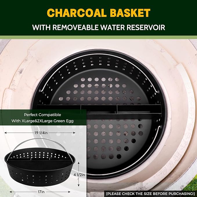 KAMaster Charcoal Basket for XLarge Green Egg with Divider,Heavy Duty Carbon Steel Fire Bowl with Removeable Water Reservoir Compatible with XLarge Green Egg,Charcoal Ash Basket with Foldable Handle