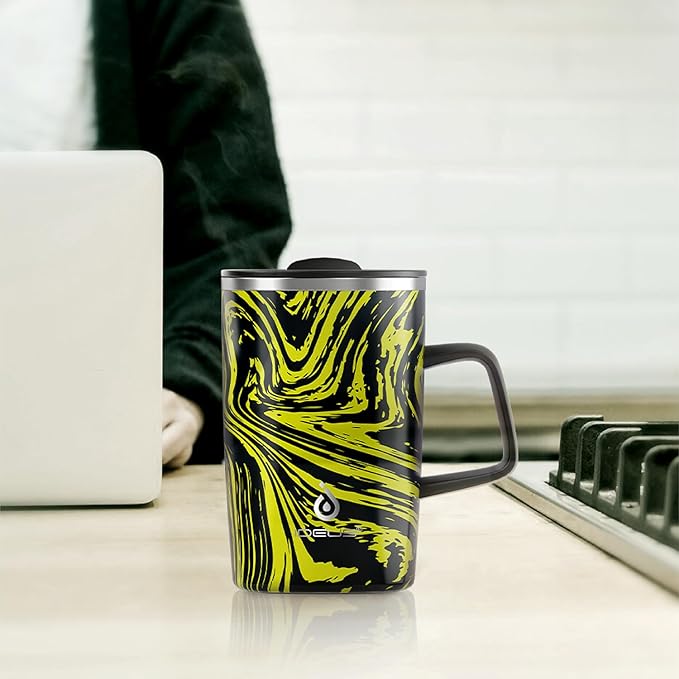 Ideus Vacuum Insulated Coffee Mug, 16oz Reusable Stainless Steel Thermal Double Walled cup with Handle and Slider Lid for Hot & Cold Beverages, BPA Free (Yellow Zebra)