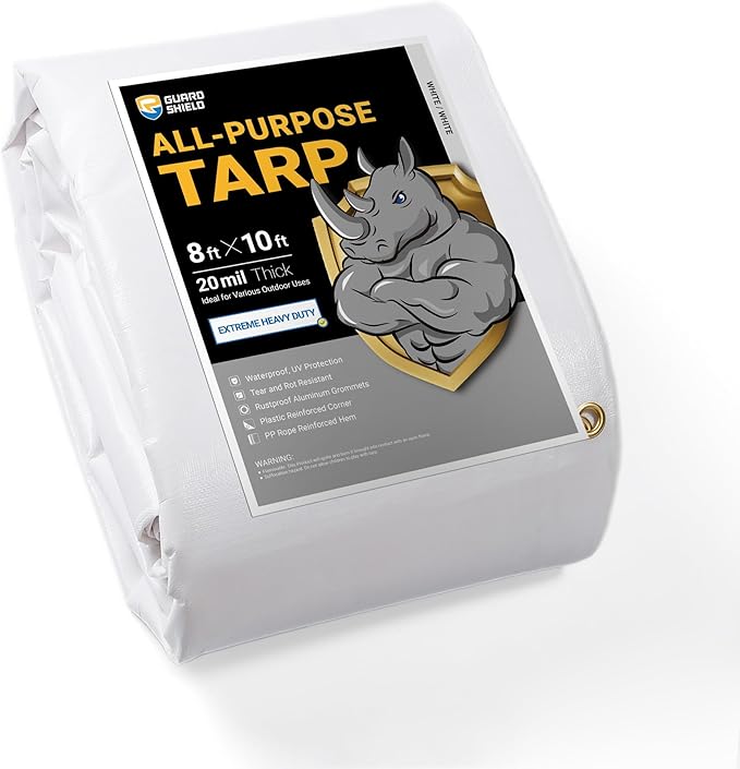 GUARD SHIELD Extreme Heavy Duty White Poly Tarp 8x10 Feet Cover Waterproof Tarps 20mil Thick UV and Tear Resistant Tarpaulin