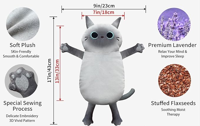 Microwave Heating Pad for Cramps Pain Relief, 17 * 9'' Moist Microwavable Stuffed Animal Period Menstrual Heating Pads for Cramps, Back, Neck Shoulder and Knee- Siamese Cat