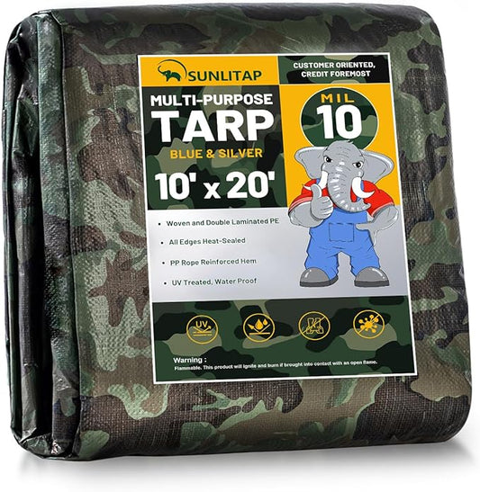 10 Mil Heavy Duty Waterproof Tarps, 10x20 Ft Finished Size Tarps, Premium Tarp with Metal Grommets & Reinforced Edge, Multipurpose Thick Poly Tar for Car, Boat, Roof, Camping - Camouflage