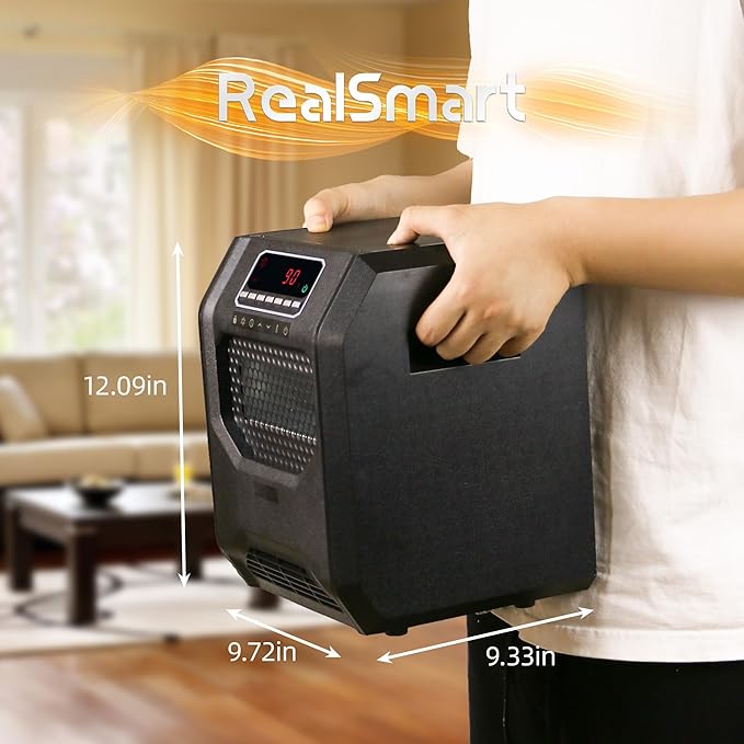 Comfort Portable Quart Infrared Heater for Indoor Use Realsmart 1500 W 3 Heating Mode LCD Display Remote Control Overheat Tip Over Protection Safe Electric Heaters for Large Rooms